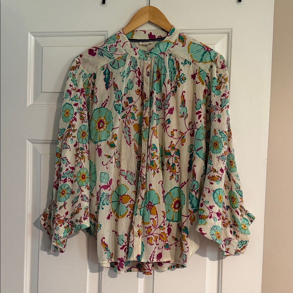 Pilcro Cream Floral Button-Up Blouse with Teal and Magenta Accents